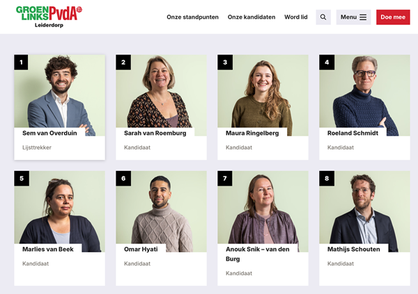 Screenshot van de kandidaten op de nieuwe campagnewebsite
